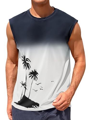 Runcati Men's Graphic Tank Top - Sleeveless Palm Tree Gradient Tee, Large White
