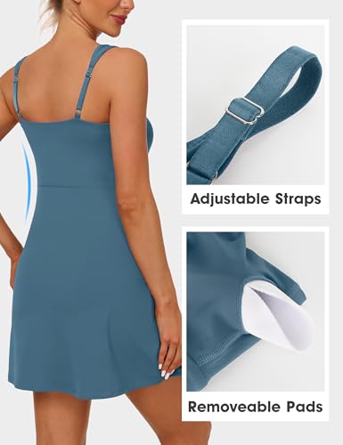 Desol Square Neck Tennis Dress for Women with Pockets, Built-in Shorts, Side Slit - Blue, Medium