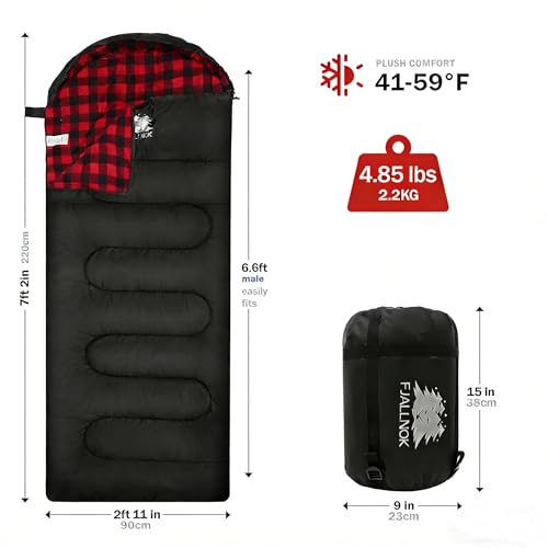 Red Sleeping Bag - 41-59℉ Flannel Camping Sack for Adults, XXL, 3-4 Seasons