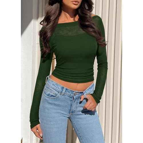 PRETTYGARDEN Women's Long Sleeve Sheer Crop Tops Boat Neck See Through Cover Up with Spaghetti Strap Camisole 2 Piece Blouses