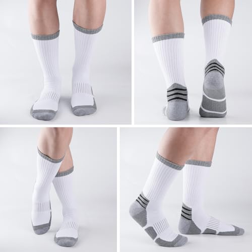 Men's Cotton Crew Socks Large X-Large White - Moisture Wicking Cushioned Work Boots 6 Pairs