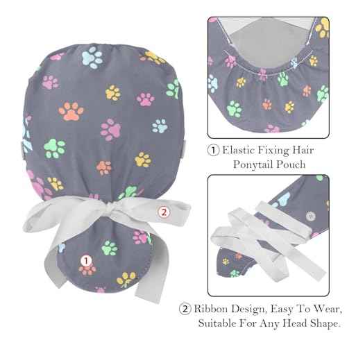 2 Pack Scrub Caps Surgical Hat for Women, Cartoon Dogs Nurse Hat Unisex Tie Back Hat, Long Hair