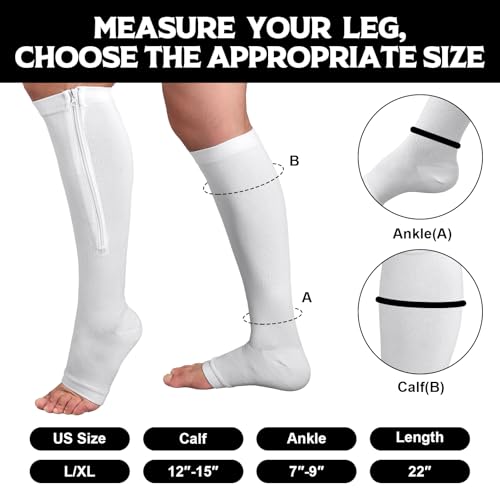 Nuanchu 3 Pairs Open Toe Zipper Compression Socks 20-30mmhg Men Compression Stockings Knee High Zipper Support Socks for Men Women Swelling Edema