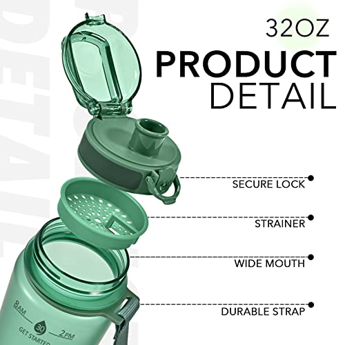 32oz Water Bottle with Time Marker & Strap - Green Motivational Drinkware