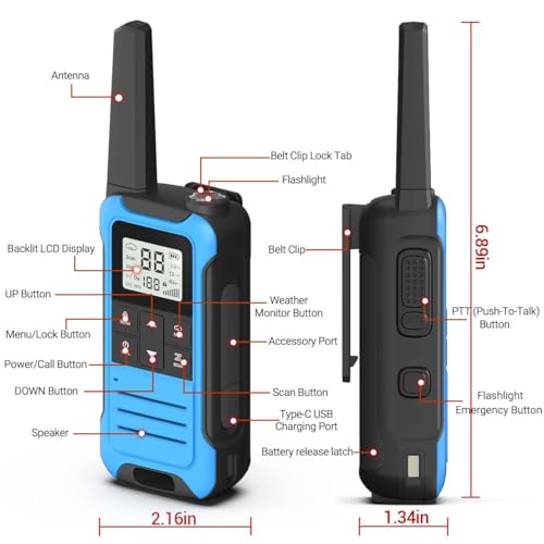 Long Range Two-Way Radios Pack of 4 - Rechargeable FRS Walkie Talkies with NOAA Weather & Flashlight, Orange, Black, Blue, Green