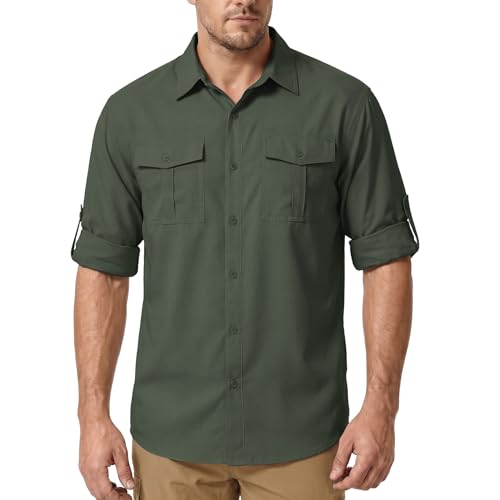 Men Sun Protection Safari Fishing Shirts Long Sleeve UPF50+ UV Lightweight Quick Dry Hiking Travel Army Green X-Large