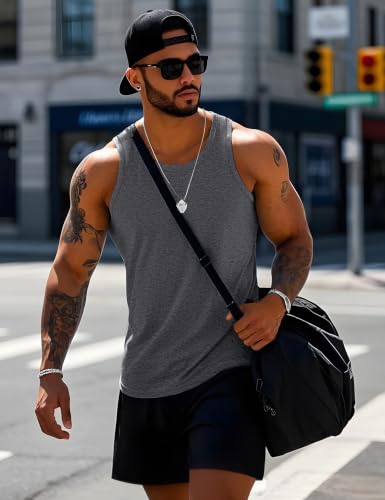 Men's Workout Tank Top Large Dark Grey Sleeveless Muscle Gym Cotton
