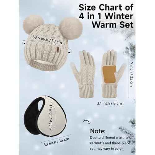 Aneco Winter Beanie Hat Scarf Gloves Ear Warmer Set for Women Fleece Lined Pom Pom Beanie Touchscreen Gloves 4 in 1 Set