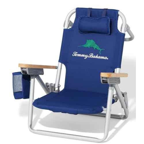 Tommy Bahama Kid's 5-Position Lay Flat Backpack Folding Beach Chair, Solid Navy Wavy Marlin