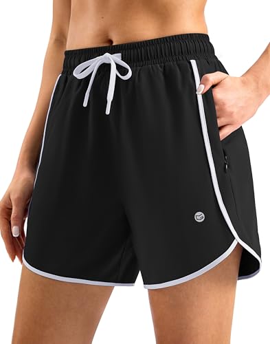 Women’s 5" Swim Shorts with Zipper Pockets & Quick Dry Liner - Black, Large