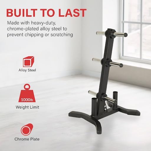 Fitness Reality X-Class Olympic Weight Tree - Heavy-Duty Bumper Plate Rack for Home Gym - Chrome Storage Posts - Includes 2 Barbell Holders - 1,000 Lb. Capacity