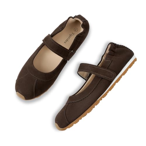 Tigeridea Mary Jane Ballet Sneakers Women Flat Dressy Casual Shoes - Chocolate Suede