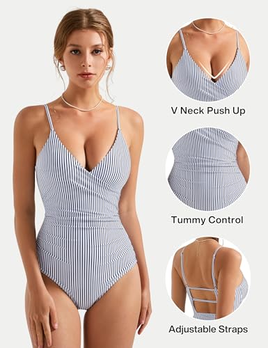 Women Wrap Push Up One-Piece Swimsuit Tummy Control Bathing Suit - Medium, White & Black Stripes