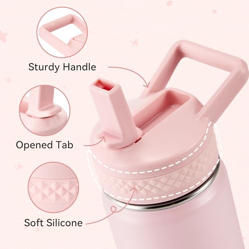 Kids Insulated Water Bottle with Straw - Pink 12 oz Stainless Steel Toddler Cup