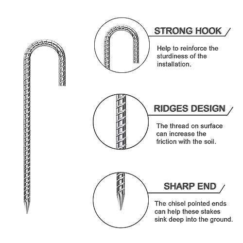 Rebar Stakes 12 Inch 6 Pack Tent Stakes Heavy Duty Metal J Hook, for Trampoline, Fence, Camping Tent (6, J-12 x5/16 Silver)