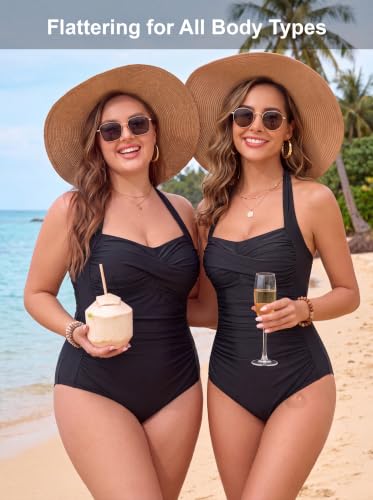 Women’s Tummy Control Halter One-Piece Swimsuit - Vintage Bathing Suit, Large / Black