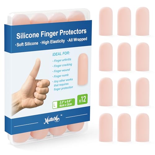 Gel Finger Cots Protectors, Silicone Fingers Covers Bandages Caps Sleeves for Fingertip Thumb Protection, Ideal for Trigger, Arthritis, Cracking, Blisters, Callus, Hangnail & Pain Relief (Nude, L, 12PCS)