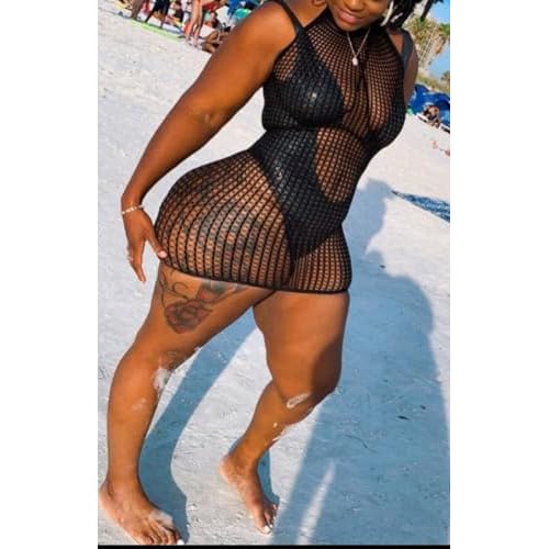 Lunedear Womens Sexy Cover Ups Black Mesh Romper Halter Neck Bathing Suits Summer Beach Fishnet Short Rompers Swimsuits Coverups