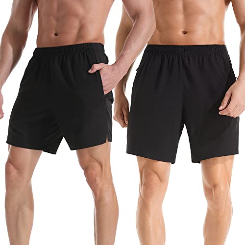 Men's 7 Inch Lightweight Quick Dry Athletic Running Shorts with Zipper Pockets - Medium Black