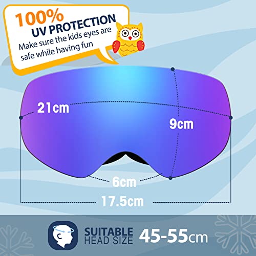 Kids Ski Goggles Rimless Mirrored Lens for Youth Ages 5-14 - Black