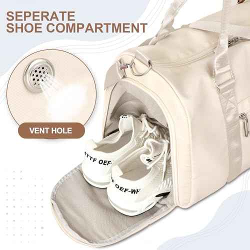 FIORETTO Womens Gym Tote Duffle Bag with Wet Pocket & Shoe Compartment, Sports Duffel Overnight Weekender Hospital Workout Carry on Bag for Girls, Ideal for Travel, Swimming, Dance, Ballet Beige