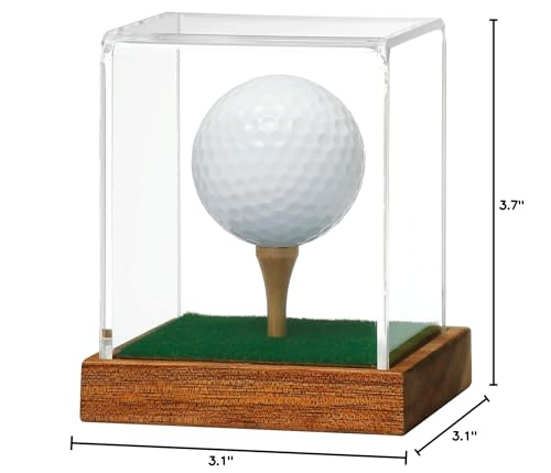 JupDec Golf Ball Display Case Clear Acrylic Memorabilia Stand Cube Holder with Wood Base & Tee, Dust Protection Transparent Storage Box for Single Ball Souvenir Golfball Collections, Brown, 1 Pack