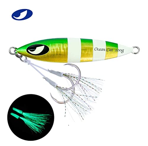 Fishing Jig Set - Green & Gold Lead Metal Flat Slow Fall Pitch Lures 100g