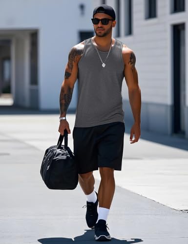 Men's Workout Tank Top Large Dark Grey Sleeveless Muscle Gym Cotton