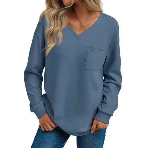 Trendy Queen Womens Long Sleeve Tops Casual Shirts V Neck Clothing Fall Fashion Clothes with Pocket