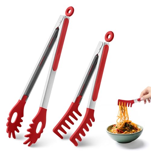 Heat-Resistant Pasta Tongs Set 9 & 12 Inches with Silicone Heads - Red