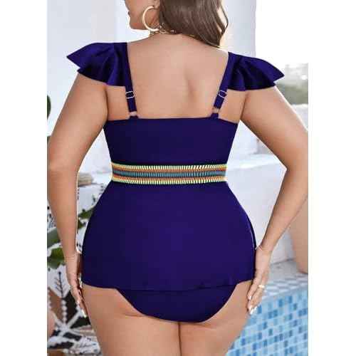 Eytino Plus Size Tankini Swimsuits for Women Colorblock Two Piece Tankini Top with Bikini Bottoms Swimwear(1X-5X)