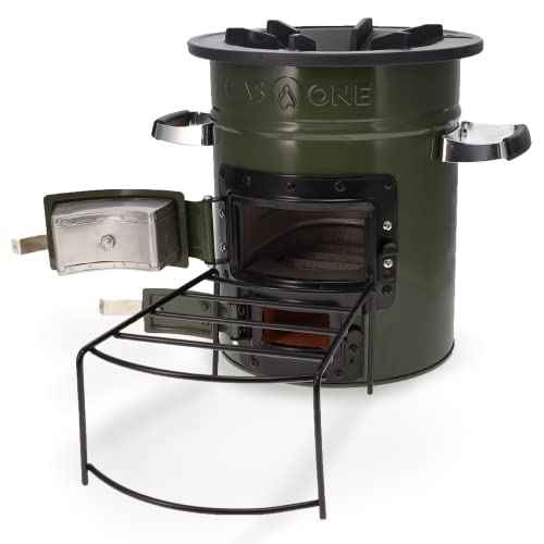 GasOne Premium Wood Burning Rocket Stove Camping for Backpacking, Hiking, RV and Survival - Insulated Barrel Stove Kit with Silicone Handles ? Military Green