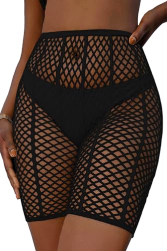 Lunedear Women's Black Fishnet Mesh Biker Shorts Beach Bikini Cover-Up - Nylon