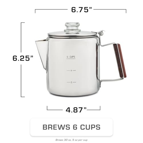 Stainless Steel Percolator Coffee Pot - 6 Cup Stove Top, No Aluminum or Plastic, Camping & Home Use