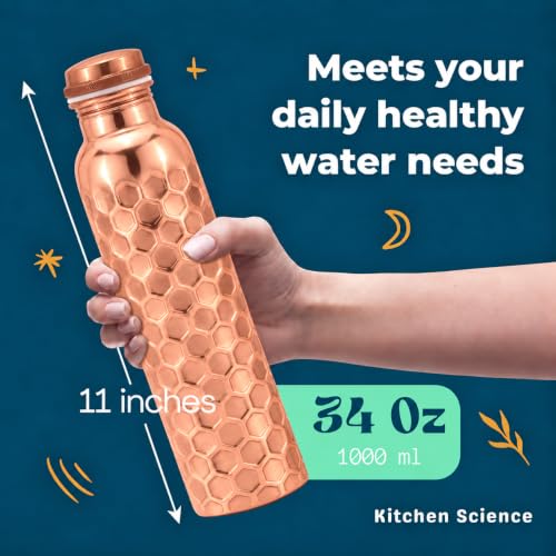 Copper Water Bottle with Leather Sling - 34oz Ayurvedic Honeycomb Design, Tan Brown