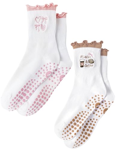 Yawlsow Cute Ruffle Pilates Grip Socks - Non Slip Crew Socks for Women, 2 Pack Pink & Brown - One Size