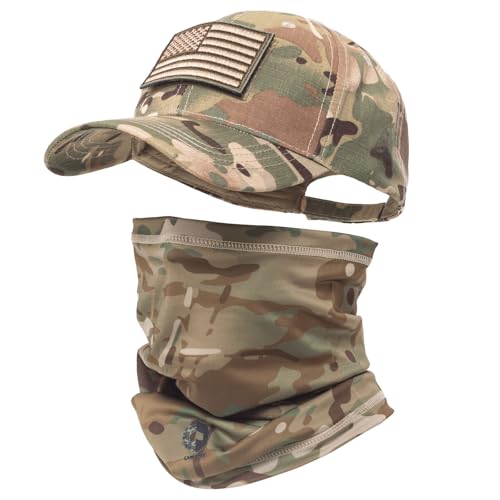 Camo Hat Baseball Cap Camo Face Mask Neck Gaiter with American Flag Patch for Men/Women Outdoors Tactical Military