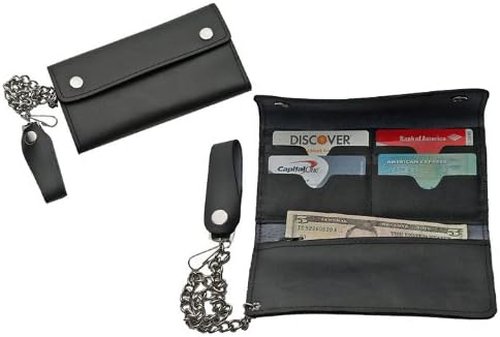 Bi-Fold Black Biker Wallet - 8x4 Inch Genuine Leather for Men