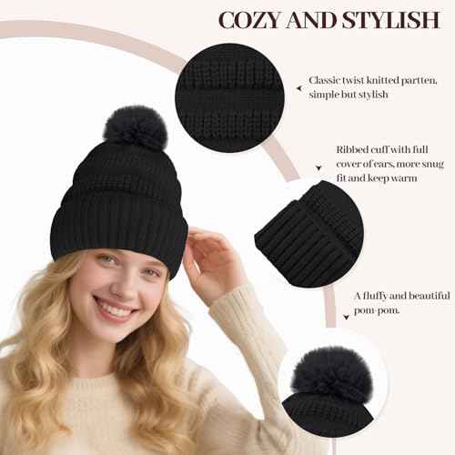 Winter Beanie Hats for Women with Faux Fur Pom Warm Cozy Knit Fleece Thermal Snow Ski Skull Cap for Cold Weather
