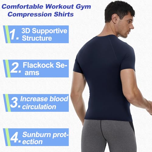 Men's Short Sleeve Compression Shirt for Workout Gym Training Small Navy