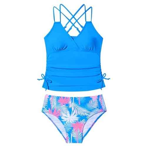 Girls Swimsuit 2 Piece Bikini Set Tropical Print Girls Bathing Suit Adjustable Straps 7-16T