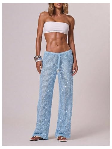 Women's Sequin Crochet Cover Up Pants Large Light Blue Beach Swimwear