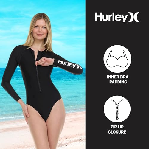 Hurley Women's Long Sleeve One-Piece Swimsuit Black XS Sun Protection Bathing Suit