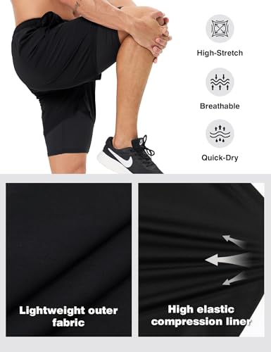 Men's 2-in-1 Athletic Running Shorts - Large Black, Quick Dry Workout Gym Shorts with Pockets & Liner