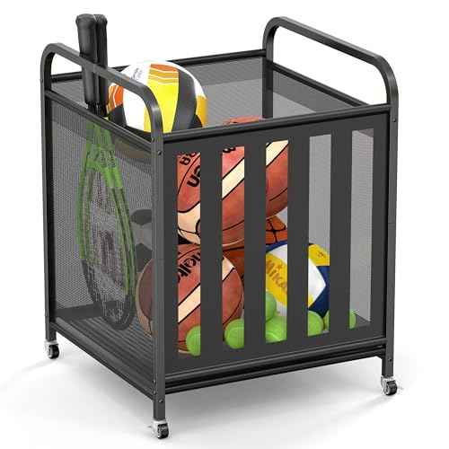 niffgaff Large Rolling Ball Storage Cart ? Metal Ball Bin with Lockable Wheels and Elastic Straps, Holds Basketballs, Soccer Balls, Toys and Sports Equipment, Indoor & Outdoor Organizer ? Black