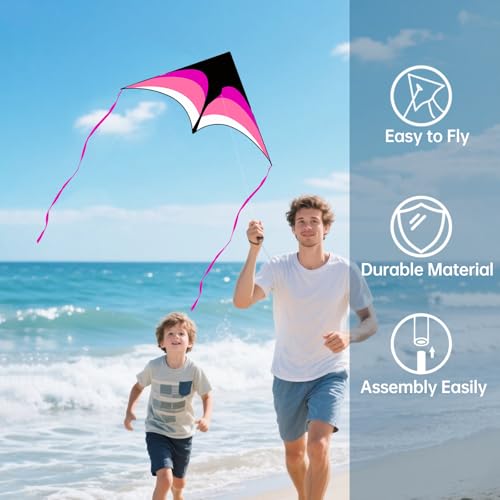 Large Single Line Beach Kite for Adults and Kids - Green, Blue & Pink 3 Pack