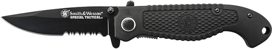 Smith & Wesson Special Tactical CKTACBSD 8.1in High Carbon S.S. Folding Knife with a 3.5in Drop Point Blade and ABS Handle for Outdoor, Survival and EDC