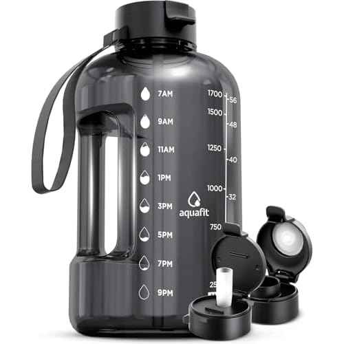 AQUAFIT 64 oz Water Bottle with Time Marker - Straw & Chug Lid - BPA Free Half Gallon Gym Water Bottle with Handle - Big Gallon Jug (Gray, 64 Ounces)