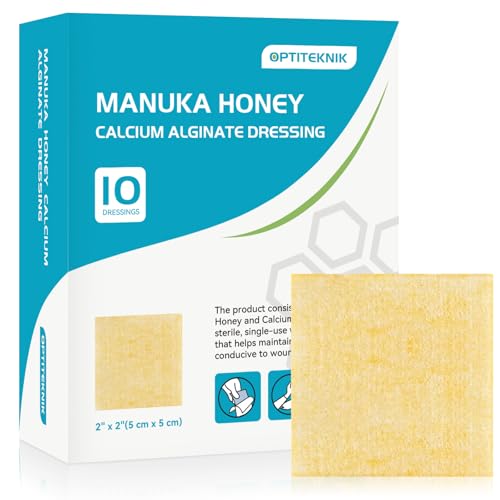 Optiteknik Coated Manuka Honey Calcium Alginate Wound Dressing 2x2 Inches Pack of 10 - High Absorbency, Painless Removal, Medical Grade