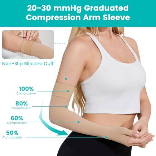 Lymphedema Compression Arm Sleeves for Women Men 20-30 mmHg Large Beige